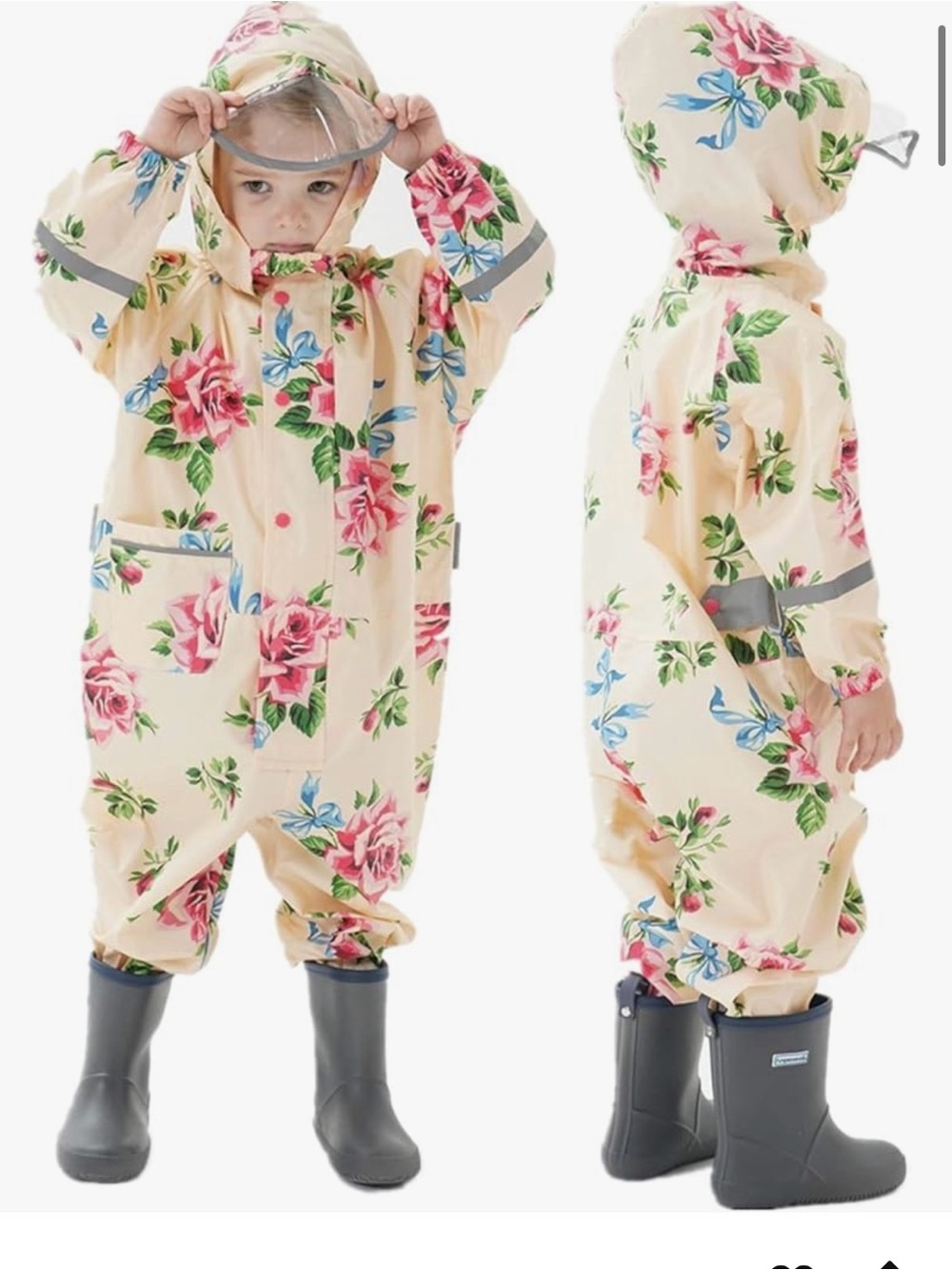 Floral Hooded Kids Rain Suit - Cream with Pink & Blue Roses